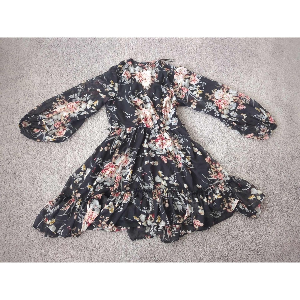 Fashion Nova Dress Womens L Floral V-Neck Long Sleeve Faux Wrap Sheer Lined Mini